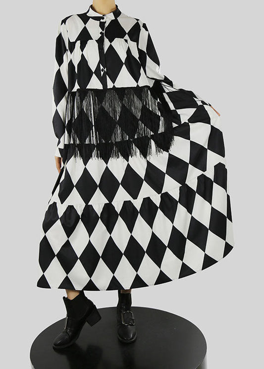 Lose Schwarze Stehkragen Quaste Print Hemdkleid Frühling