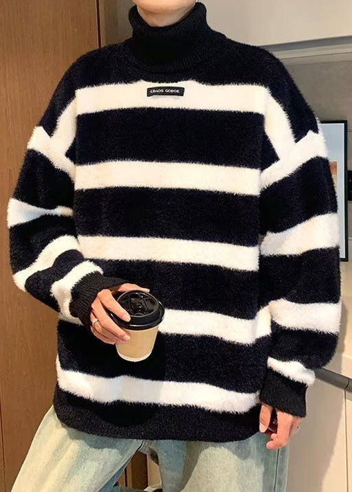 Loose Black Turtleneck Striped Mink Hair Knitted Men Sweater Winter
