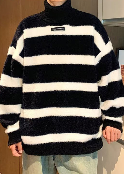 Loose Black Turtleneck Striped Mink Hair Knitted Men Sweater Winter