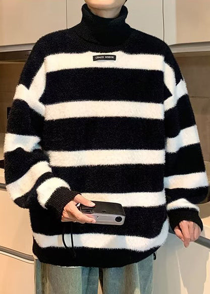 Loose Black Turtleneck Striped Mink Hair Knitted Men Sweater Winter