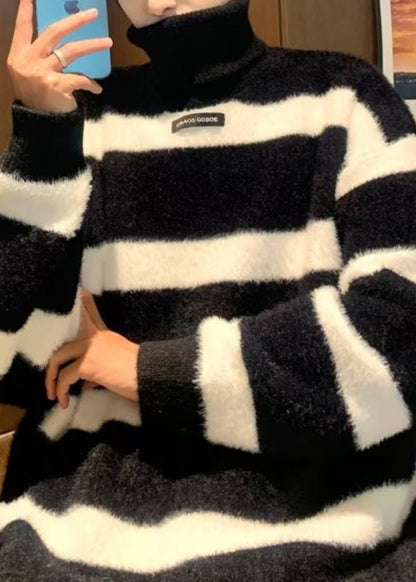Loose Black Turtleneck Striped Mink Hair Knitted Men Sweater Winter
