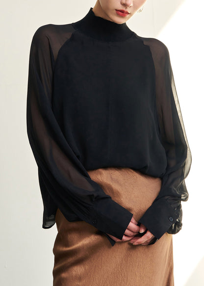 Loose Black Turtleneck Thin Solid Silk Shirt Fall