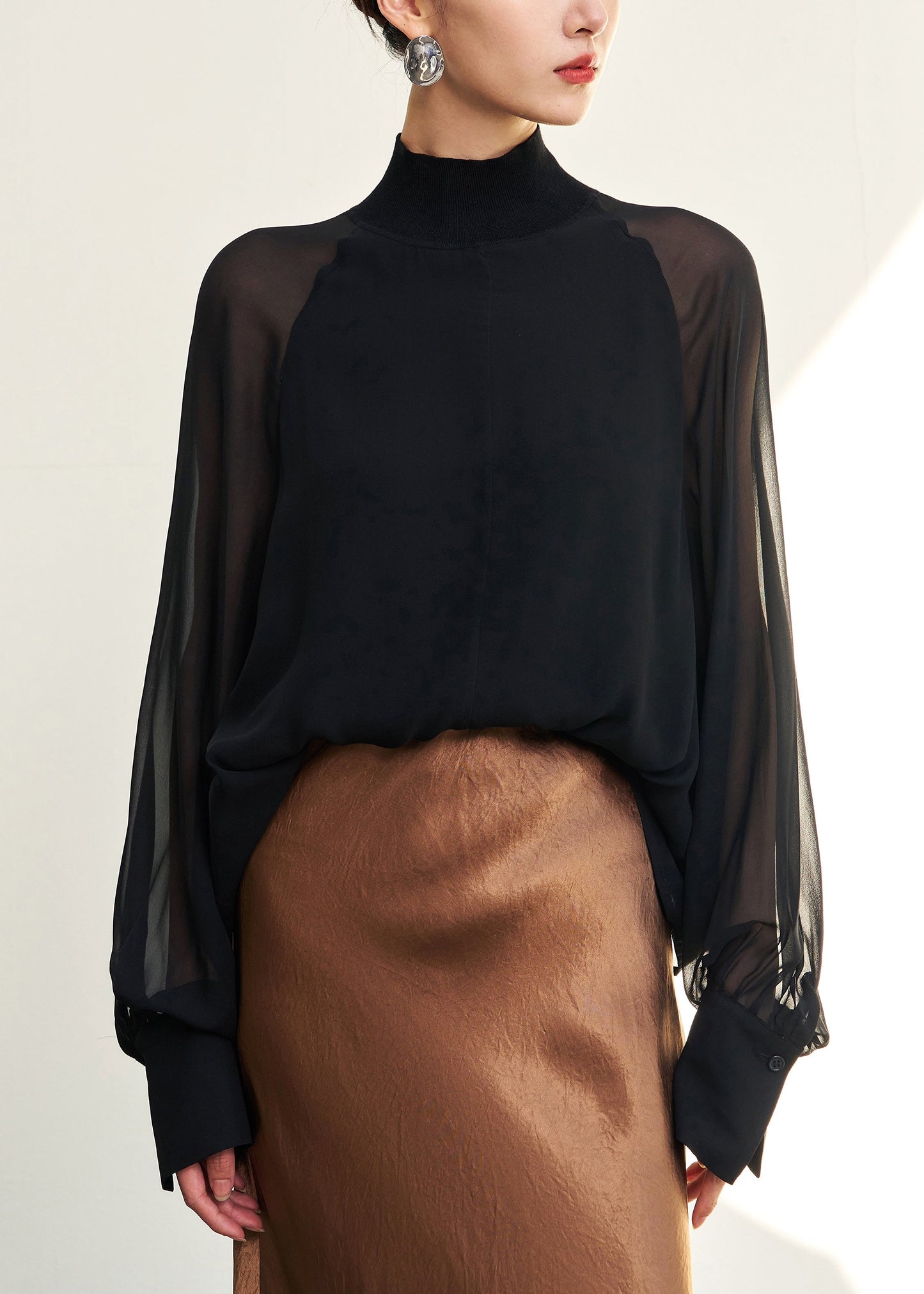 Loose Black Turtleneck Thin Solid Silk Shirt Fall