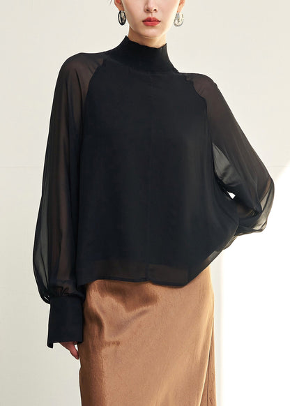 Loose Black Turtleneck Thin Solid Silk Shirt Fall