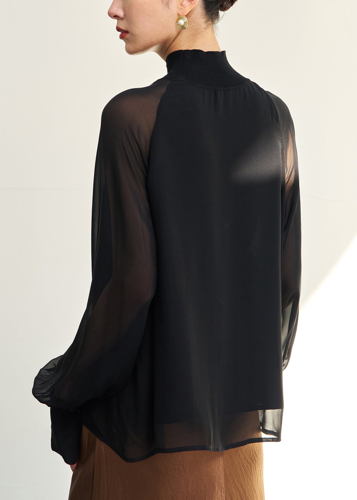 Loose Black Turtleneck Thin Solid Silk Shirt Fall