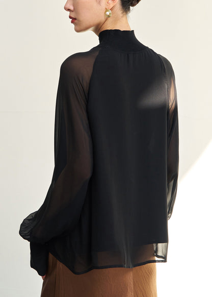 Loose Black Turtleneck Thin Solid Silk Shirt Fall