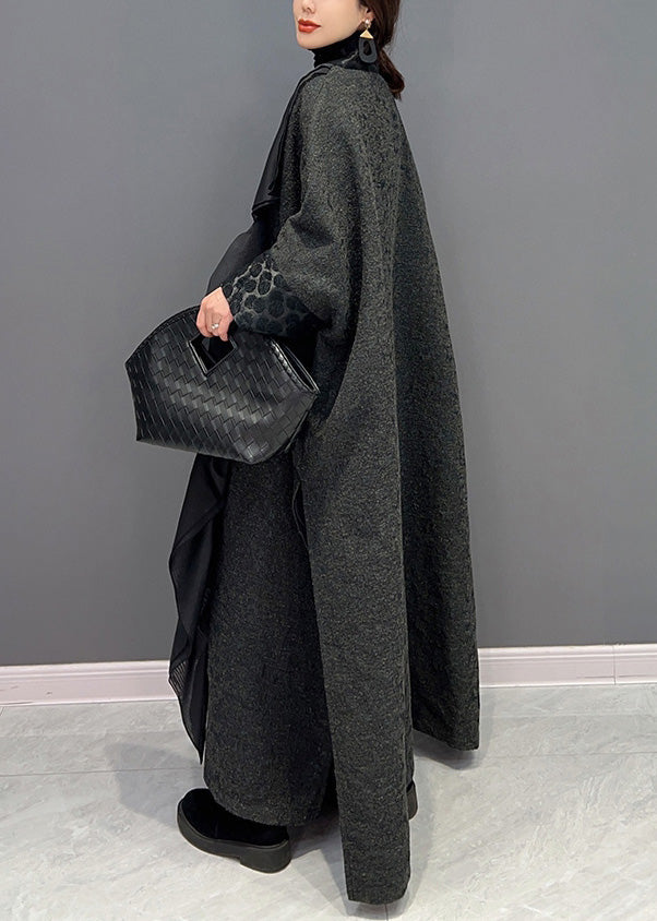 Lose Schwarz V-ausschnitt Asymmetrische Patchwork Krawatte Taille Langen Mantel