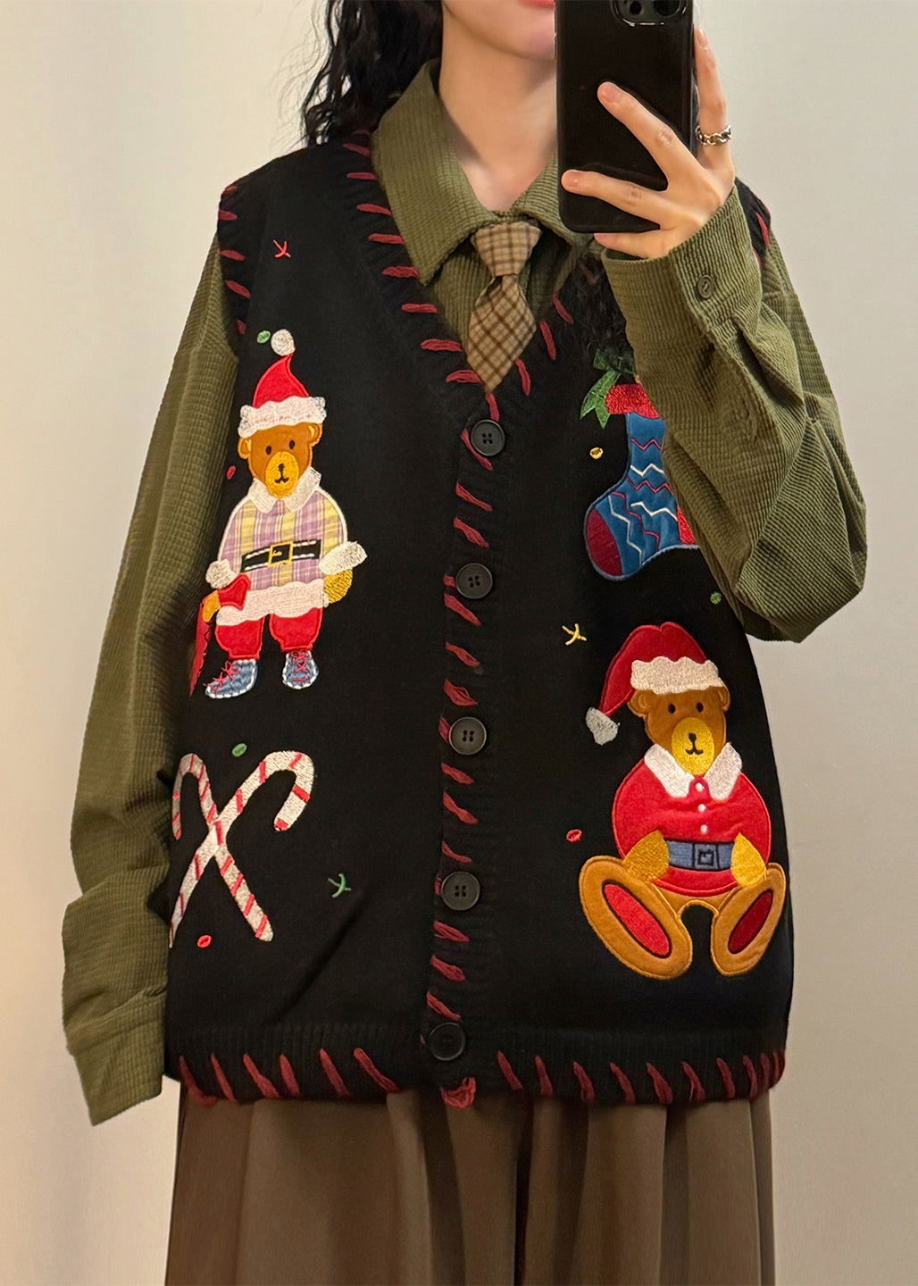 Loose Black V Neck Character Button Knit Waistcoat Sleeveless