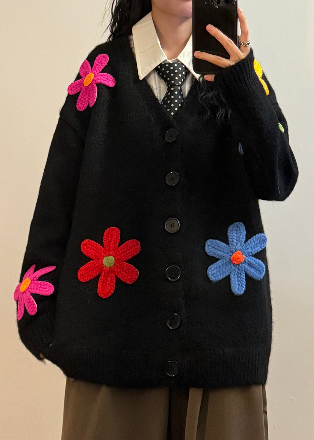 Loose Black V Neck Floral Button Knit Coats Spring