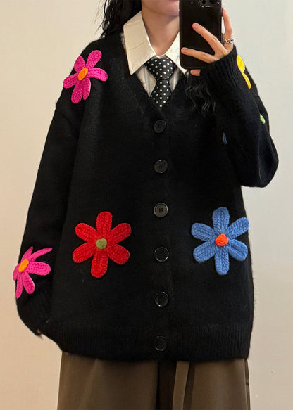 Loose Black V Neck Floral Button Knit Coats Spring