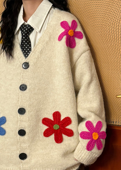 Loose Black V Neck Floral Button Knit Coats Spring