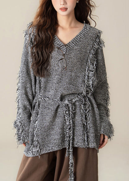 Loose Black V Neck Hole Cozy Knit Sweater Spring