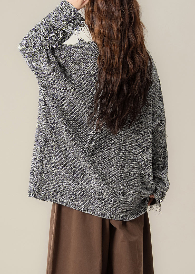 Loose Black V Neck Hole Cozy Knit Sweater Spring