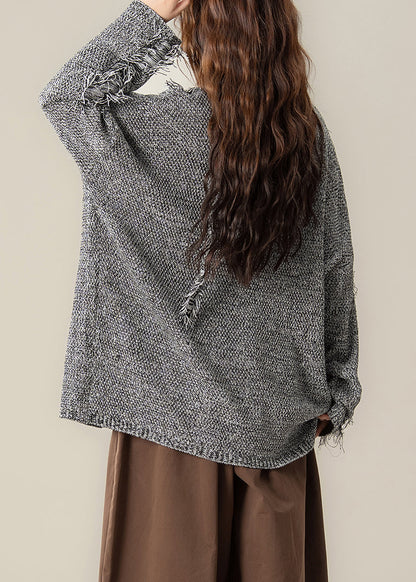 Loose Black V Neck Hole Cozy Knit Sweater Spring