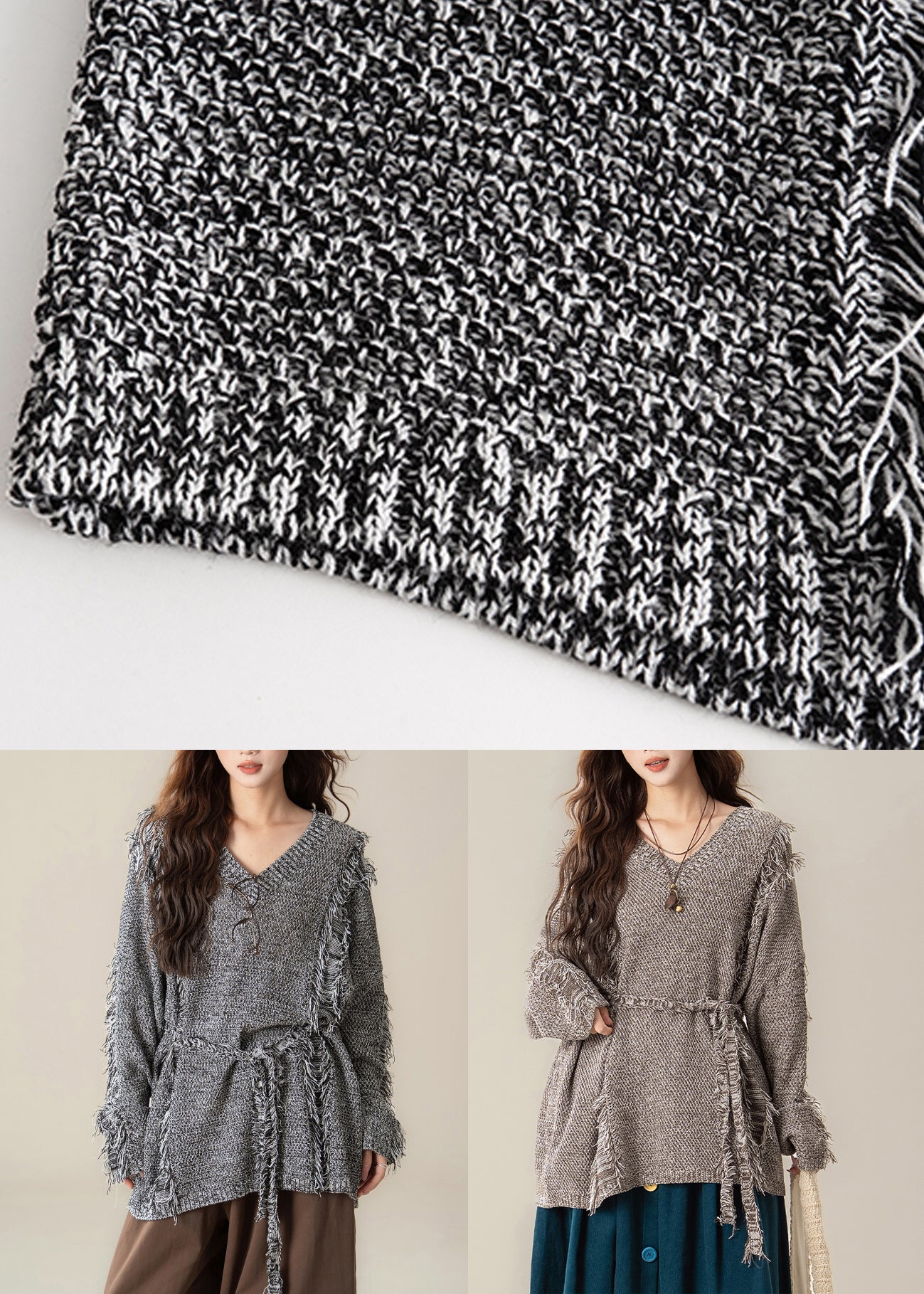 Loose Black V Neck Hole Cozy Knit Sweater Spring