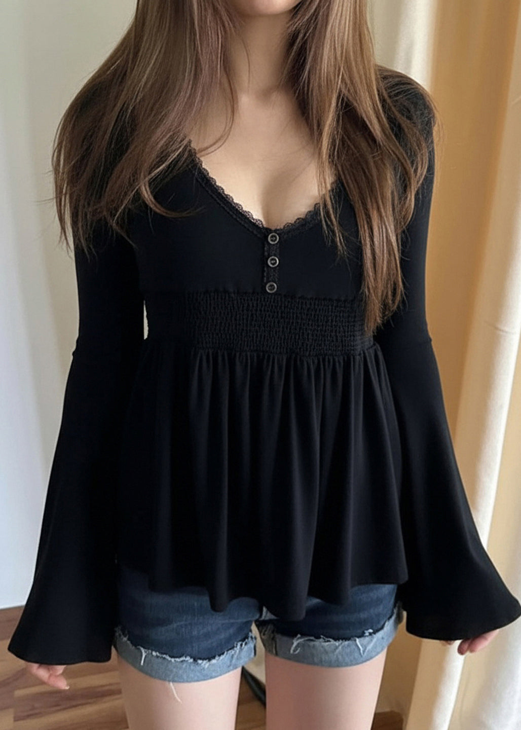 Loose Black V Neck Lace Solid Cotton T Shirts Flare Sleeve