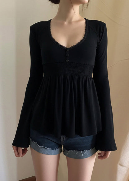 Loose Black V Neck Lace Solid Cotton T Shirts Flare Sleeve