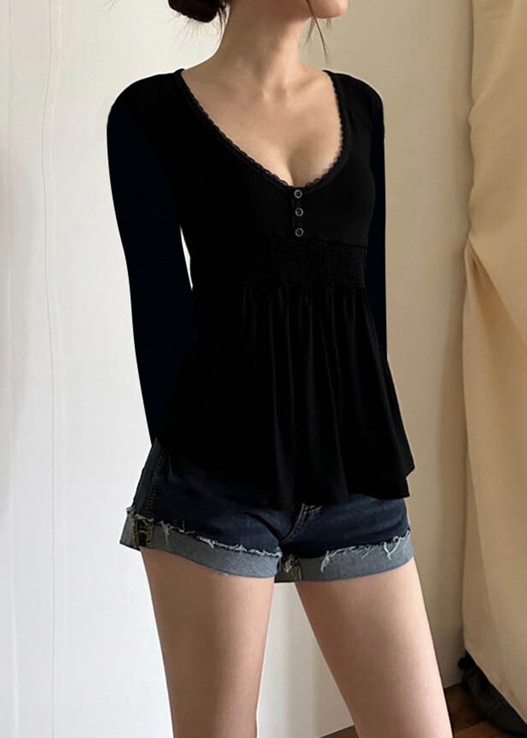 Loose Black V Neck Lace Solid Cotton T Shirts Flare Sleeve