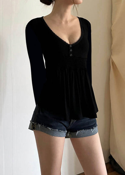 Loose Black V Neck Lace Solid Cotton T Shirts Flare Sleeve