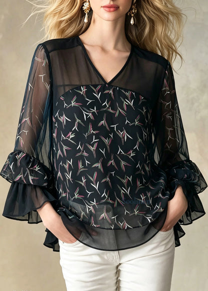 Loose Black V Neck Print Chiffon Tops Ruffled Flare Sleeve