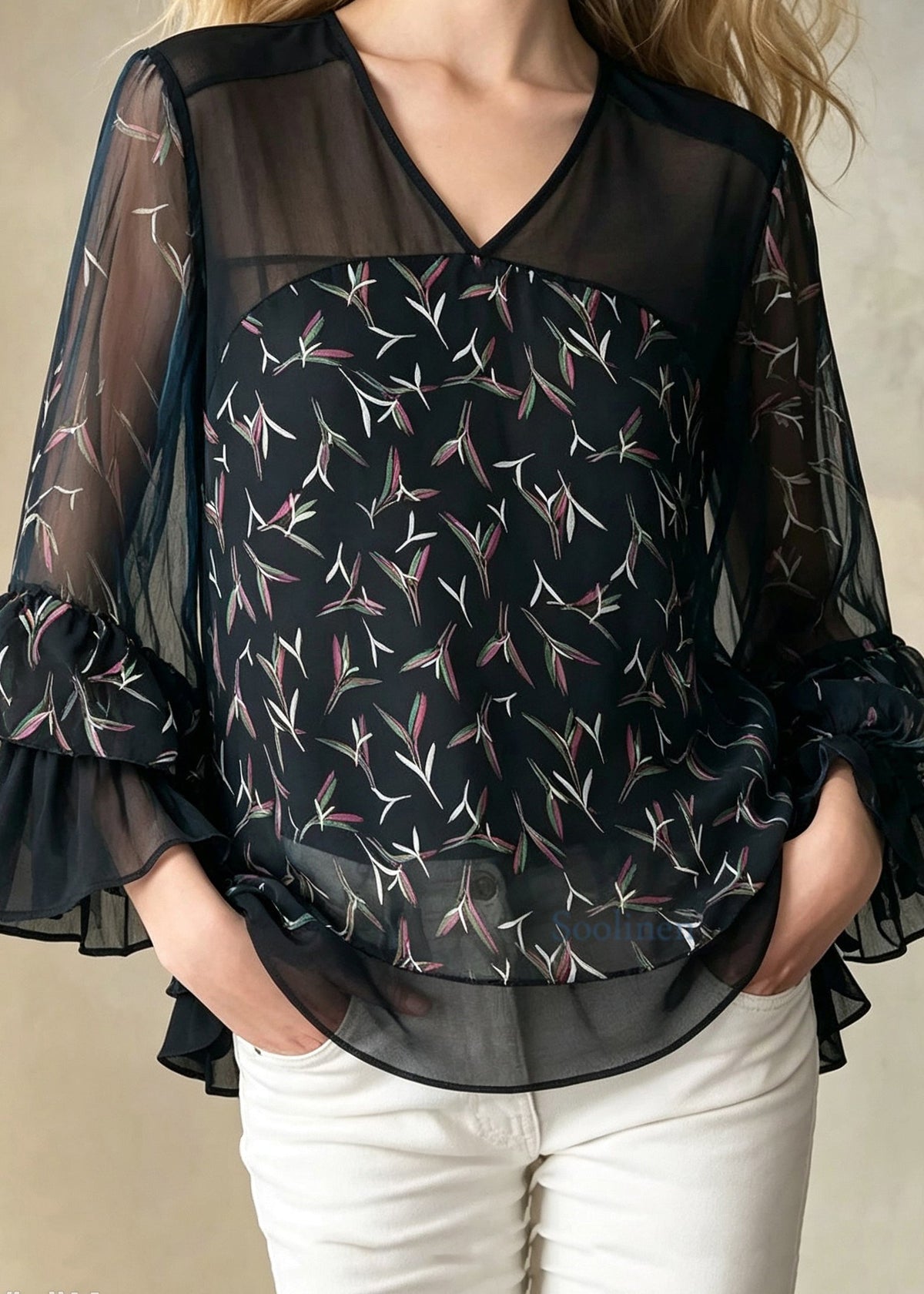 Loose Black V Neck Print Chiffon Tops Ruffled Flare Sleeve