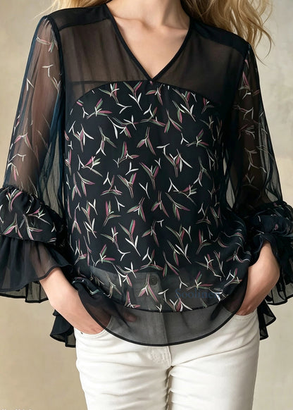 Loose Black V Neck Print Chiffon Tops Ruffled Flare Sleeve
