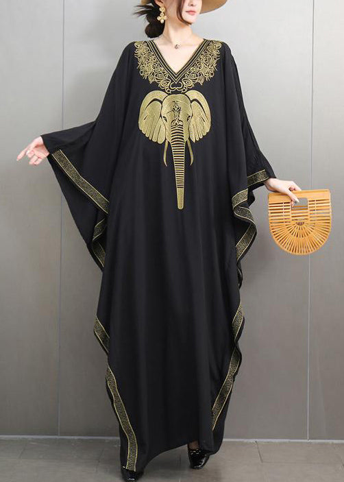 Loose Black V Neck Print Cotton Maxi Dresses Batwing Sleeve