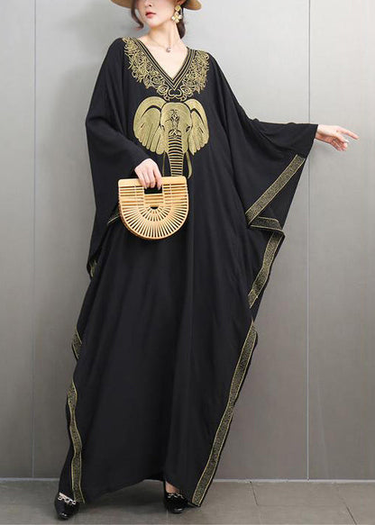 Loose Black V Neck Print Cotton Maxi Dresses Batwing Sleeve