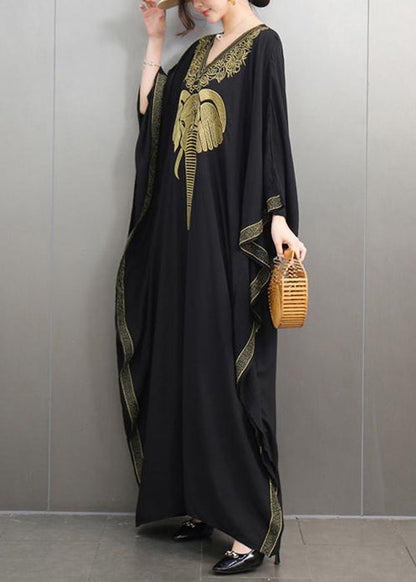Loose Black V Neck Print Cotton Maxi Dresses Batwing Sleeve
