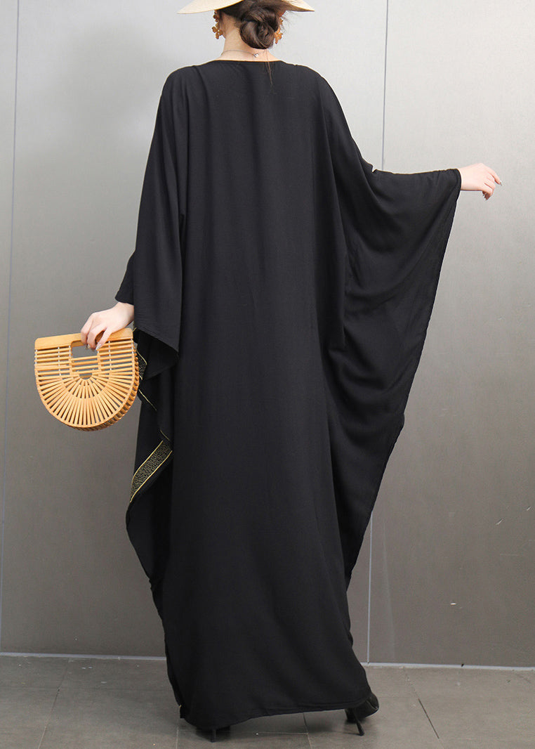 Loose Black V Neck Print Cotton Maxi Dresses Batwing Sleeve