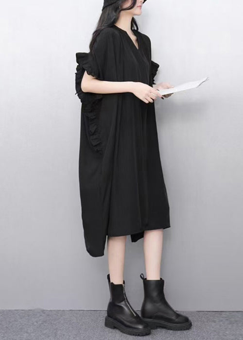 Loose Black V Neck Ruffled Cotton Dress Batwing Sleeve