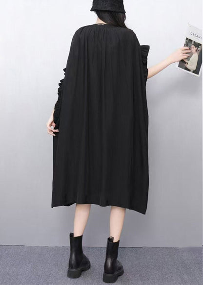 Loose Black V Neck Ruffled Cotton Dress Batwing Sleeve