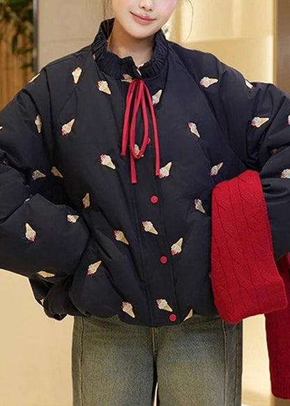 Abrigo acolchado de plumón de pato con estampado arrugado negro suelto para invierno