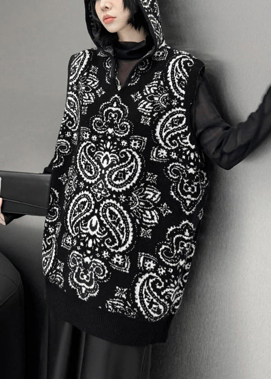 Locker geschnittene schwarze Kapuzenweste mit Reißverschluss und Print aus Baumwollstrick für den Winter
