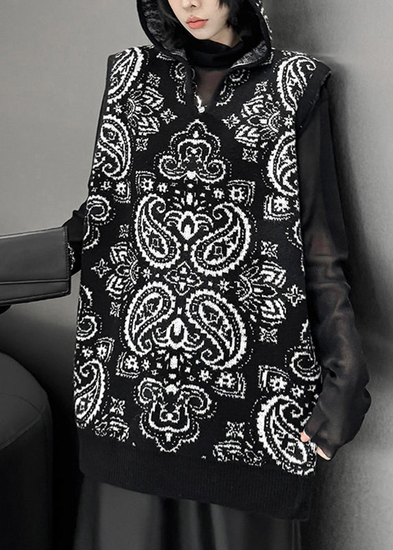 Loose Black Zippered Print Cotton Knit Hooded Waistcoat Winter