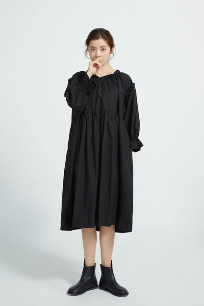 Loose Black cotton Tunics High Waist Loose Dress - SooLinen