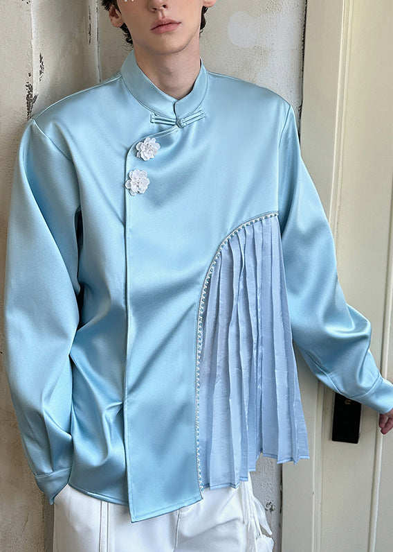 Lässiges blaues Herrenhemd aus Baumwolle mit chinesischen Knöpfen und Knitter-Patchwork-Muster für den Frühling