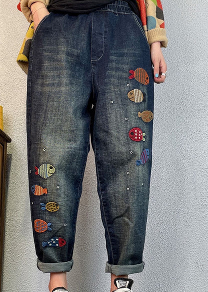 Lockere blaue bestickte Haremshose aus Denim für den Frühling