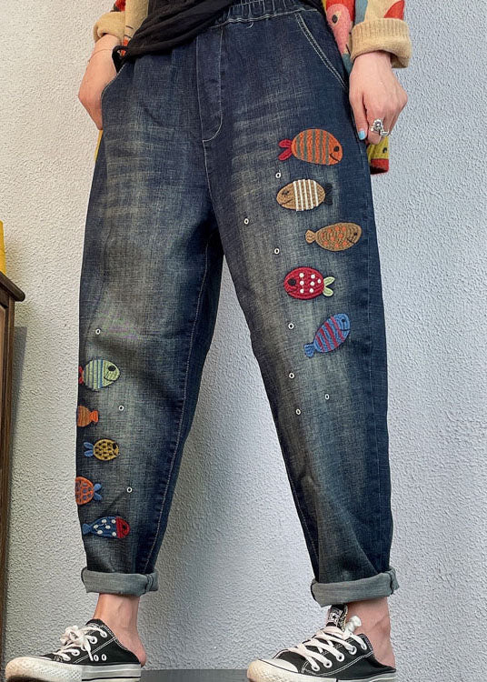 Lockere blaue bestickte Haremshose aus Denim für den Frühling