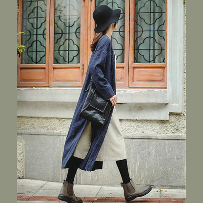 Lose blaue Stickerei Lange Seite offen Baumwolle Leinen Mantel für Frauen