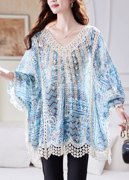 Loose Blue Hollow Out Patchwork Lace Tanks Batwing Sleeve