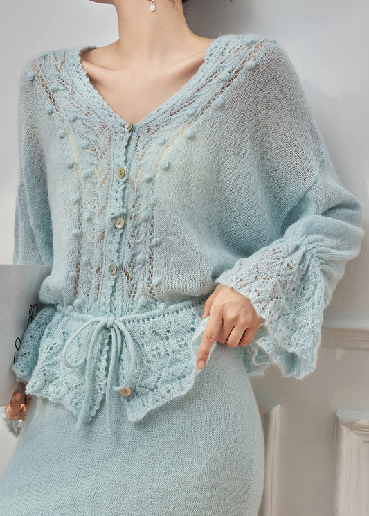 Loose Blue Hollow Out Tie Waist Knit Sweater Flare Sleeve