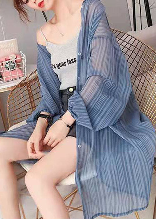 Loose Blue Hooded Striped Silk Cardigan Long Sleeve