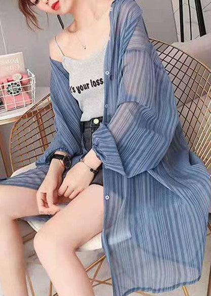 Loose Blue Hooded Striped Silk Cardigan Long Sleeve