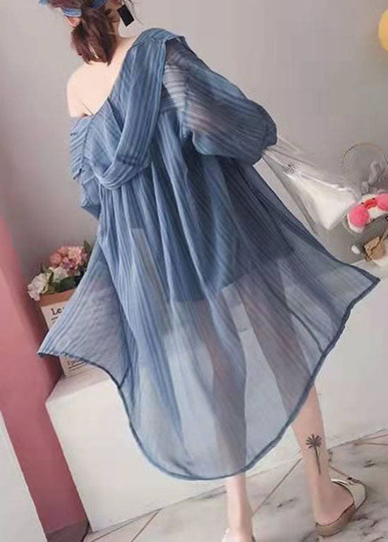 Loose Blue Hooded Striped Silk Cardigan Long Sleeve