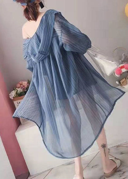 Loose Blue Hooded Striped Silk Cardigan Long Sleeve