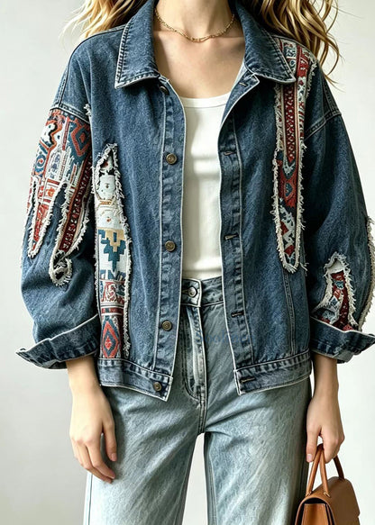 Loose Blue Jacquard Patchwork Denim Jacket Fall