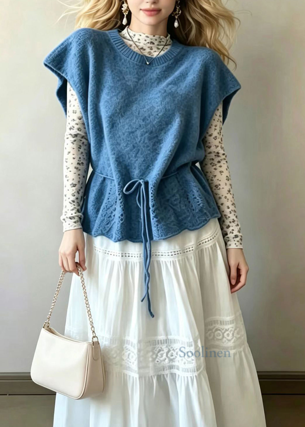 Loose Blue O-Neck Drawstring Knit Vest Sleeveless