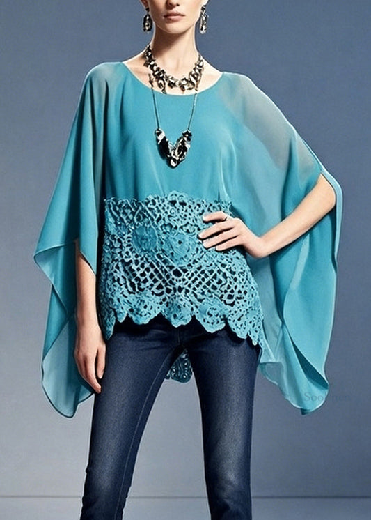 Loose Blue O Neck Hollow Out Patchwork Chiffon Top Batwing Sleeve