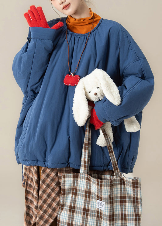 Parka holgada de algodón azul con cuello redondo, bolsillos y cordón ajustable para invierno